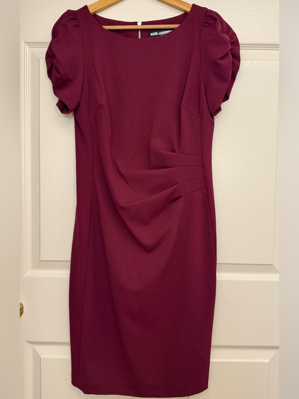 Karl Lagerfeld Burgundy Midi Sheath Dress with Puff Sleeves